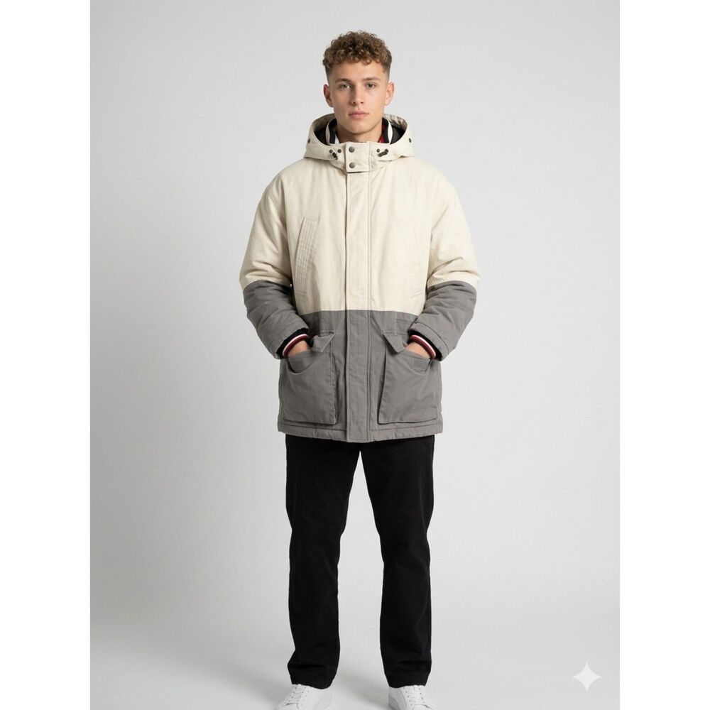 Rare Vintage Tommy Hilfiger Colorblock Puffer Ski Jacket Hooded Parka Grey 2XL